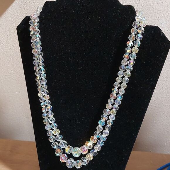 Vintage Aurora Borealis AB Glass Crystals Double Strand Glam Necklace - Picture 5 of 7